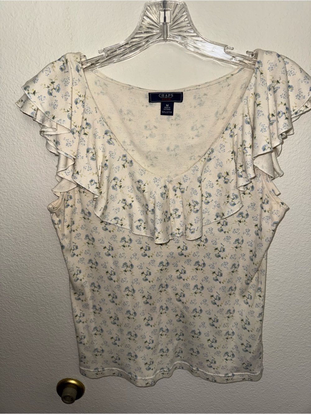 Chaps Cream Tank Top with Blue Floral Ruffle Neck